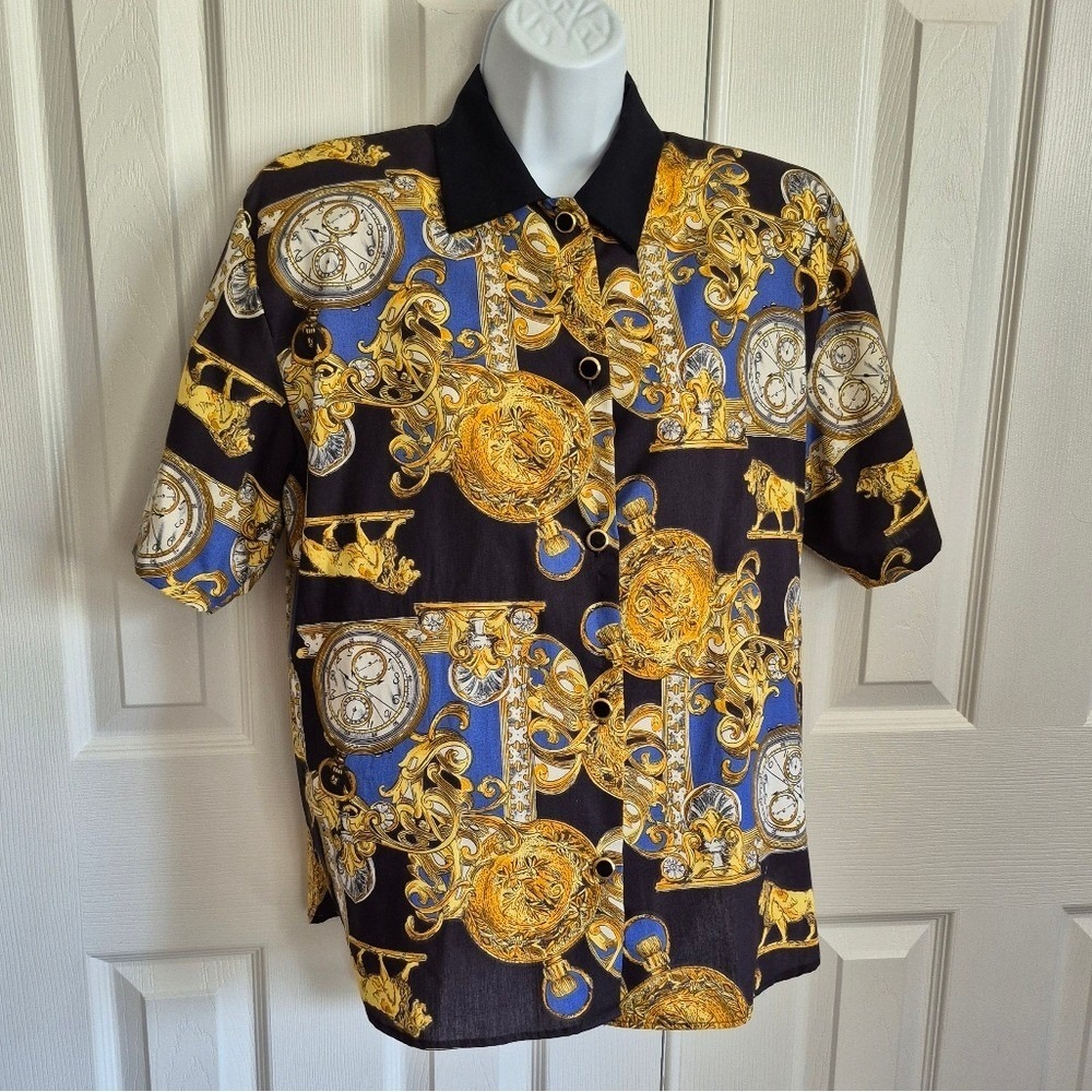 J. Andrews Vintage 2 Piece Shirt Shorts Gold Lion Clock Watch Print Womens Small - Picture 11 of 16